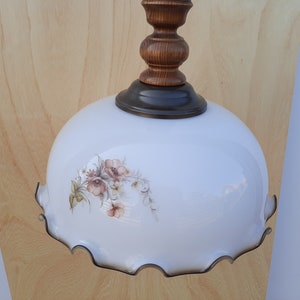 Mid-century Opaline hanging lamp with oak accents