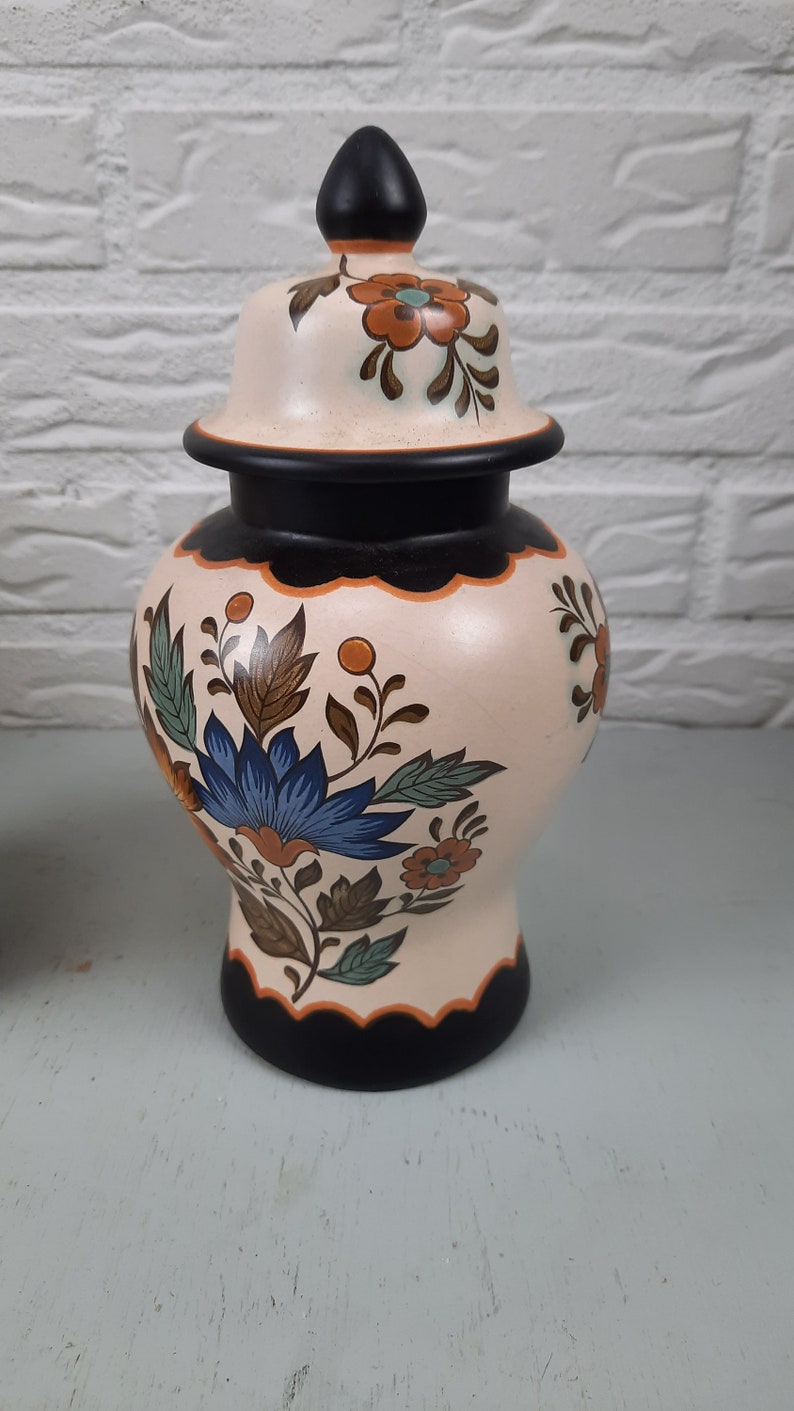 Set of 2 Plateel vases with lid Flora Gouda vintage image 3