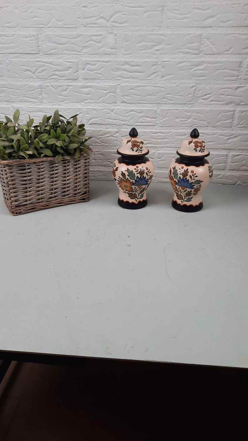 Set of 2 Plateel vases with lid Flora Gouda vintage image 1