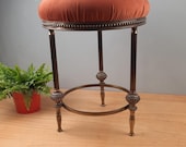 antieke Victoriaanse Pianokruk Tabouret messing met oranje bruin fluweel stoffering