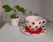 Vintage Polka dots rood Soepkom met onderbord. Jumbomok.