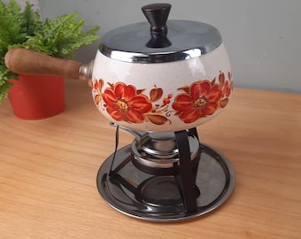 Retro Fondue set, pot with burner and forks vintage