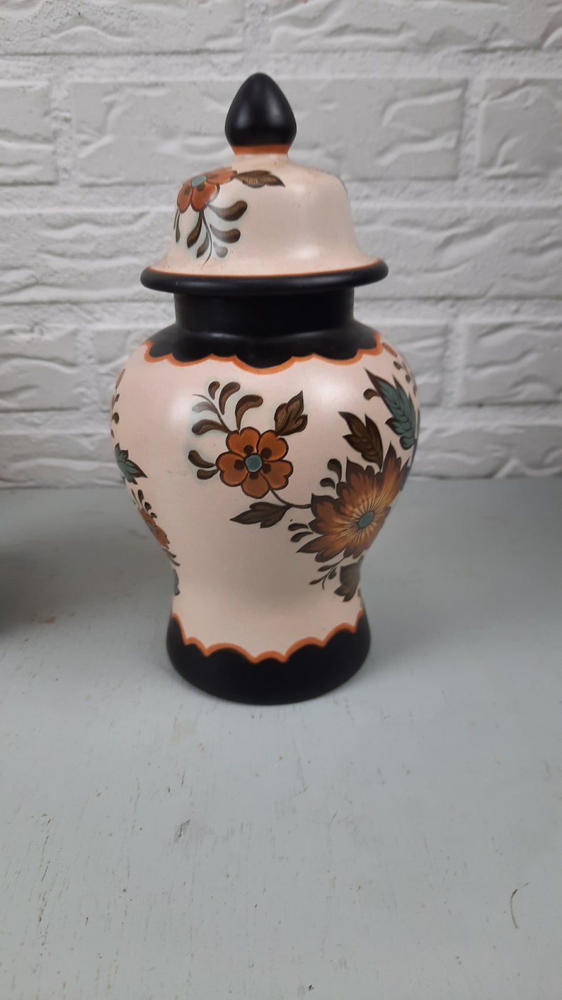 Set of 2 Plateel vases with lid Flora Gouda vintage image 2