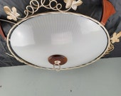 Mid Century Smeedijzeren Plafoniere met teak accenten vintage