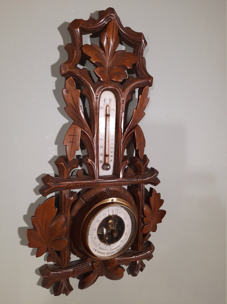 Hand Wood Carving Holosteric Barometer, J.M.Schmidt Optician Amsterdam Antic image 2