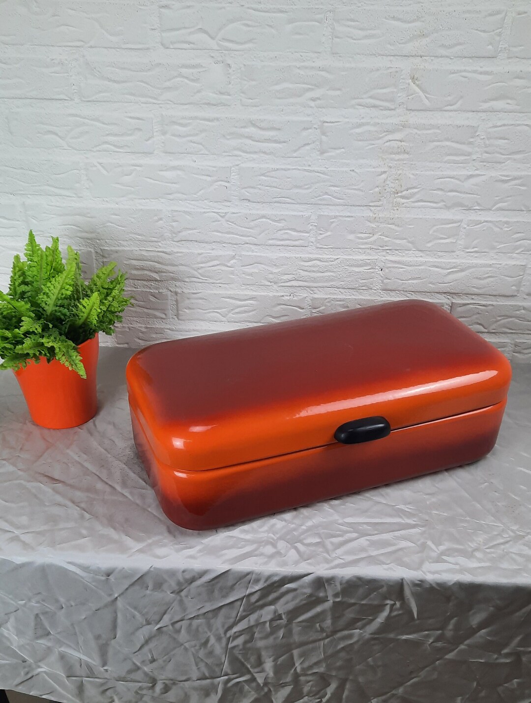 Vintage Enamel Bread Bin Orange Retro Etsy