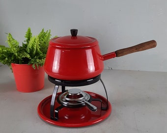 Juego de fondue vintage de esmalte rojo retro