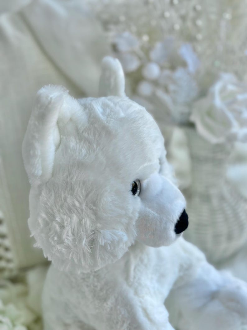 K&ouml;nnte beinhalten: Ein wei&szlig;er Pl&uuml;sch-Eisb&auml;r mit schwarzer Nase und kleinen schwarzen Augen. Der B&auml;r hat weiches, flauschiges Fell und sitzt auf einer wei&szlig;en Oberfl&auml;che. Die Ohren des B&auml;ren sind aufrecht, und sein Gesicht ist zur Seite gedreht.