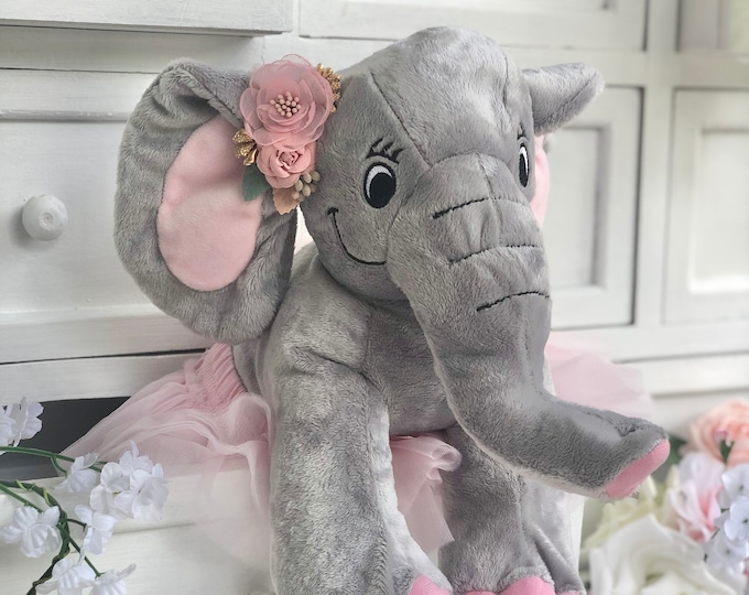Elephant Stuffed Animal: 13” Plush with Tutu + Bow, Choose Your Color