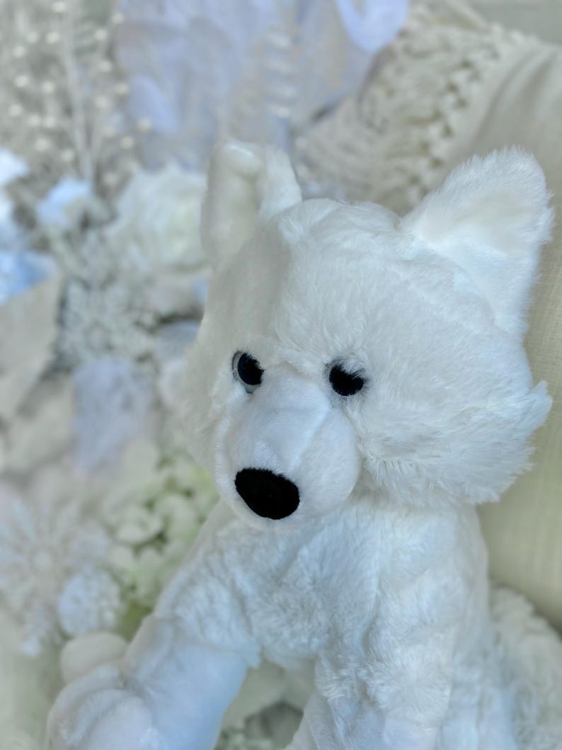 K&ouml;nnte beinhalten: Ein wei&szlig;es Pl&uuml;schtier eines Eisb&auml;ren mit schwarzen Augen und einer schwarzen Nase. Das Stofftier hat eine flauschige Textur und befindet sich vor einem verschwommenen, wei&szlig;en Hintergrund. Die Ohren des B&auml;ren sind aufrecht und sein Fell ist ein helles, sauberes Wei&szlig;.