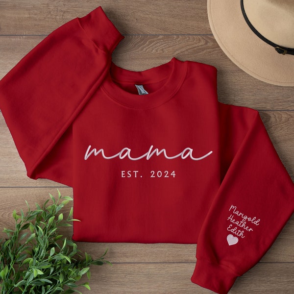 Embroidered Mama Sweatshirt, Custom Mothers Day Sweater, Personalized Text/Kids Name On Sleeve Jumper, Special Birthday Present For Mom