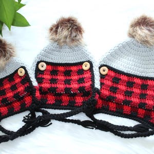 Crochet Plaid Trapper Hat with Pom Pom: Winter Beanie