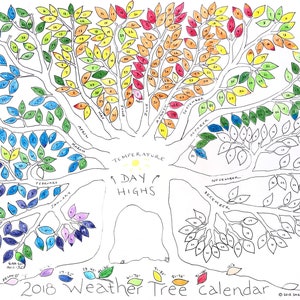 11x17 Weather tree coloring calendar 2025 - handmade nature activity and gift, on cardstock paper and includes tube of mini colored pencils