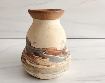 Vintage swirl pottery vase vintage |ceramic vase in brown, beige, and blue / boho southwest decor