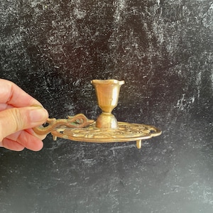 Vintage brass candlestick holder | vintage chamberstick with filligree design | brass candleholder |  midcentury modern candleholder