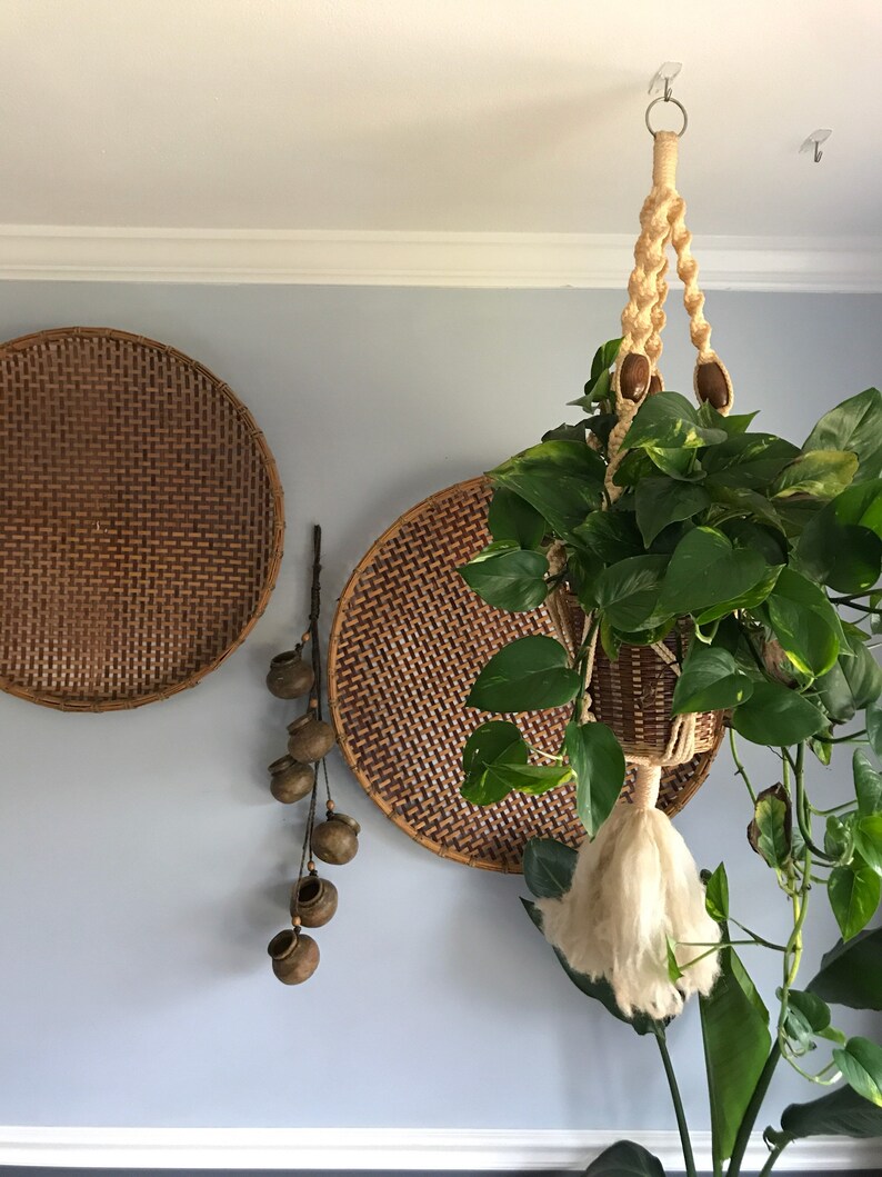 large macrame plant holder natural plant hanger Macrame plant hanger vintage wood bead Macrame plant hanger