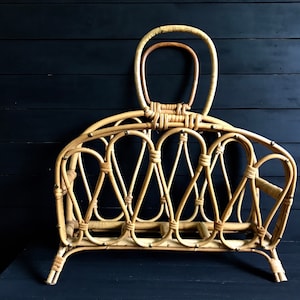 Vintage bentwood rattan magazine rack / vintage bamboo storage basket / boho decor