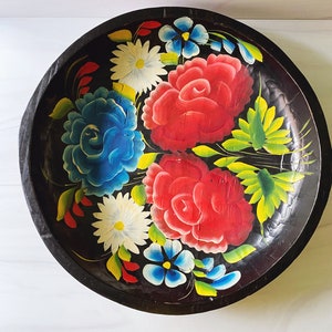 Vintage large wood batea | folk art tray | wall hanging | vintage wood tray | black wood tole tray