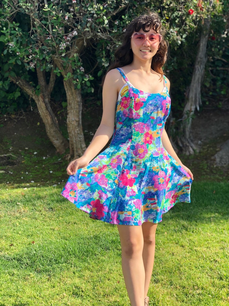 Vintage 80s Hawaiian Babydoll Skater Dress Floral Print Vapor Wave