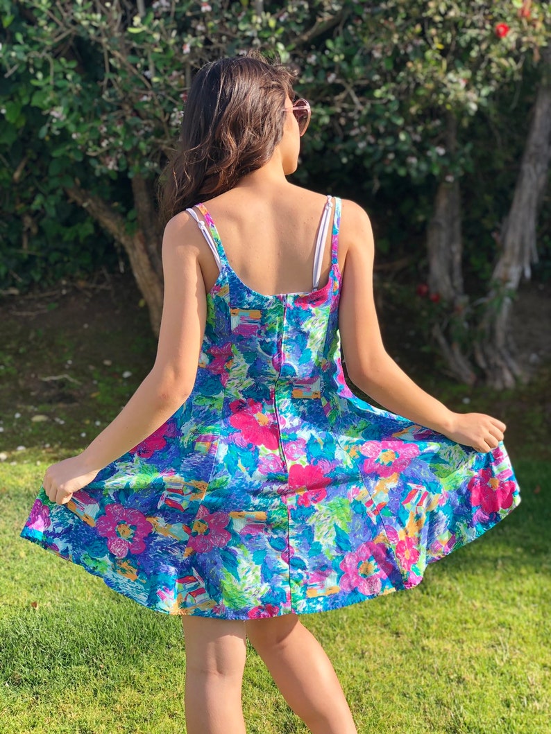 Vintage 80s Hawaiian Babydoll Skater Dress Floral Print Vapor Wave