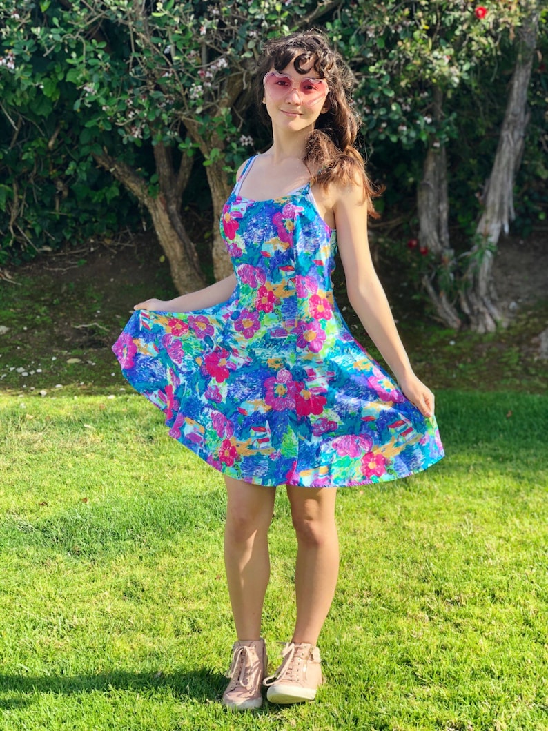 Vintage 80s Hawaiian Babydoll Skater Dress Floral Print Vapor Wave