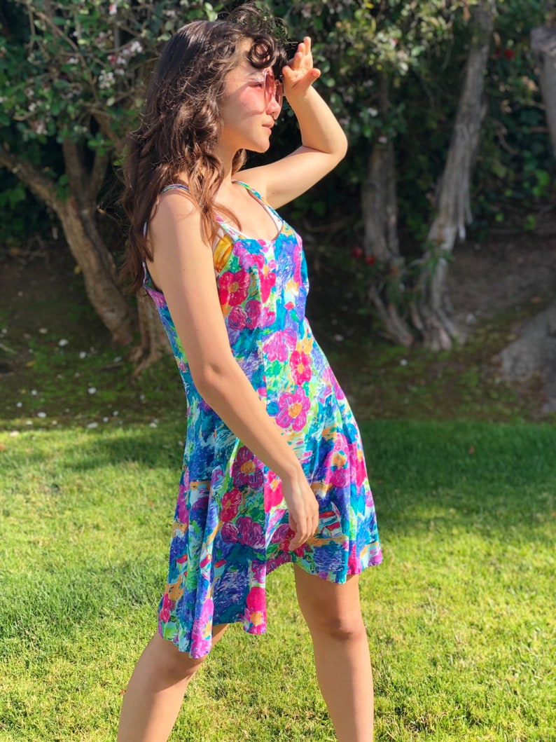 Vintage 80s Hawaiian Babydoll Skater Dress Floral Print Vapor Wave