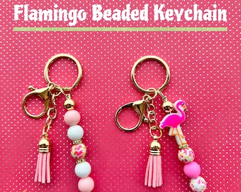 Flamingo Beaded Keychain, Keychain with tassel, Bridesmaids gift, Gift for her, Tropical Beaded Keychain, Pink keychain