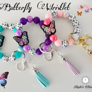 Pulsera con cuentas de mariposa, pulsera con mariposas de colores, llavero con mariposa, pulsera con cuentas con motivo de mariposa, pulsera con cuentas con estampado de mariposa