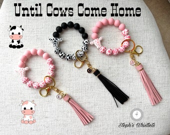 Cow Print Silicone Bead Bracelet Wristlet: Pink or Black cow print Wristlet Key Ring