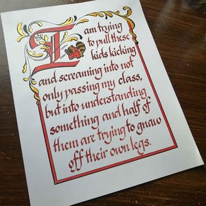 May include: A decorative print with ornate calligraphy in red and gold. The text reads, "I am trying to pull these kids kicking and screaming into not only passing my class, but into understanding something and half of them are trying to gnaw off their own legs."
