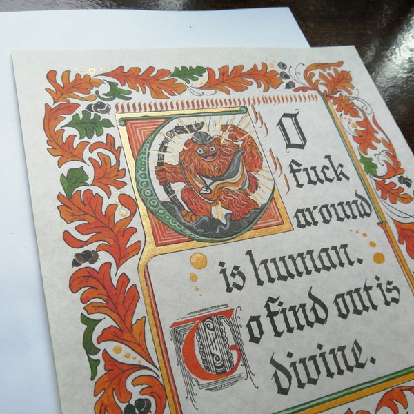 Impresión artística de caligrafía iluminada, Santo Patrón del Caos