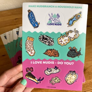 I LOVE NUDIS™ Colorful Vinyl Sticker Sheet with 11 adorable Nudibranchs and Sea Slugs