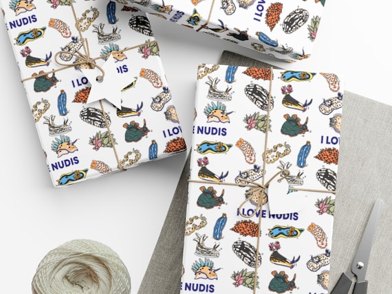 I LOVE NUDIS™ White Nudibranch Collage Recycled Gift Wrapping Paper