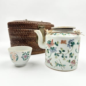 Antique Chinese Export Famille Rose Porcelain Teapot and Teacup w/ Woven Basket