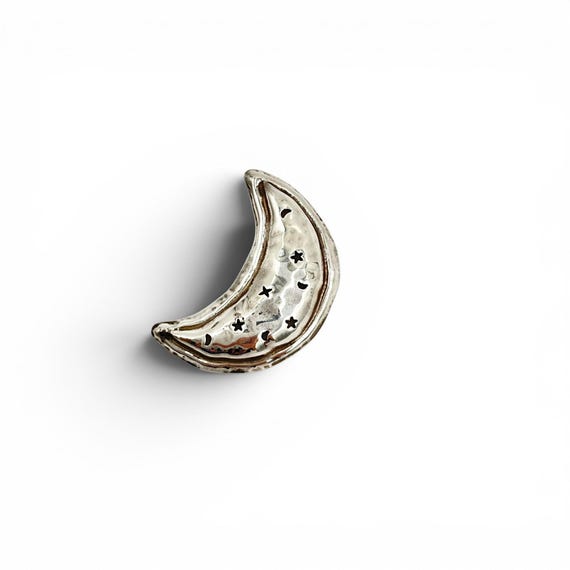 Sterling Silver Crescent Moon & Stars Brooch — Hammered Finish, Marked