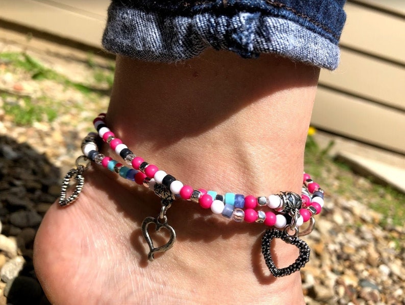 Set of 2 Colorful Beaded STRETCH Charm Anklets