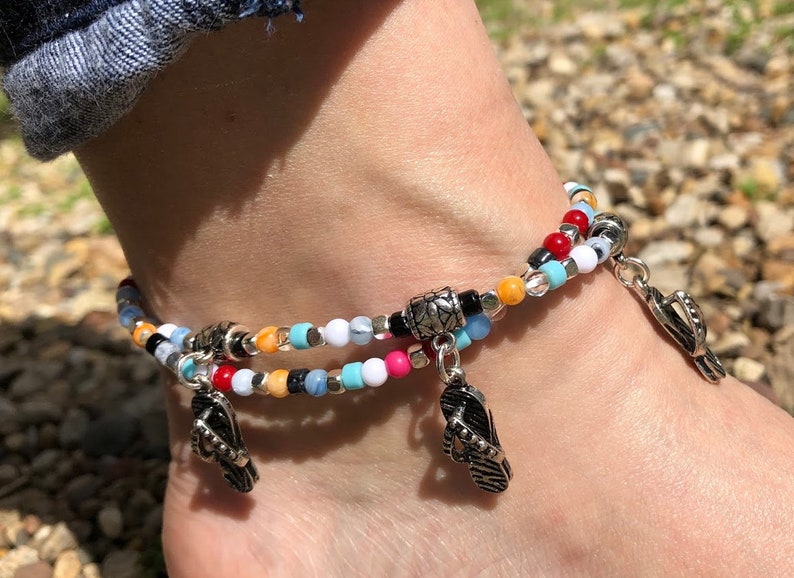 Set of 2 Colorful Beaded STRETCH Charm Anklets