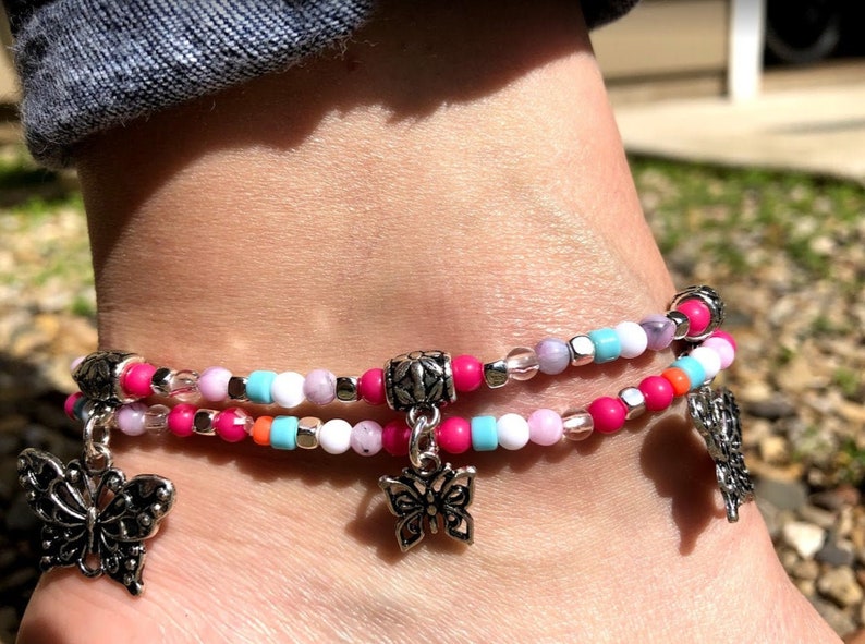Set of 2 Colorful Beaded STRETCH Charm Anklets