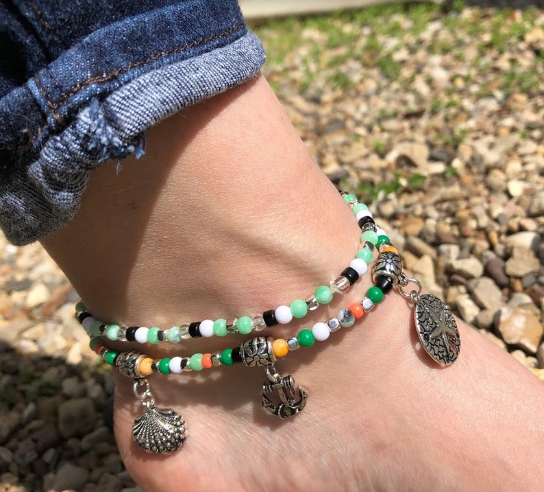Set of 2 Colorful Beaded STRETCH Charm Anklets