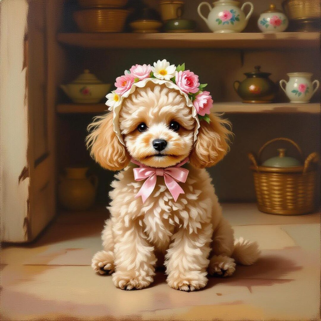Beige Cream Miniature Poodle in Flower Crown, Digital Download Wall Art ...