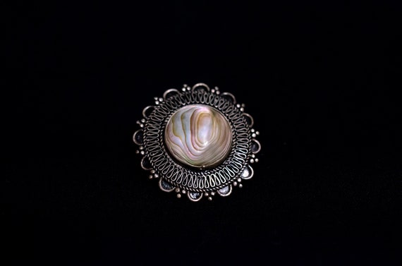 Vintage Jerusalem Silver Brooch shell stone Penda… - image 1