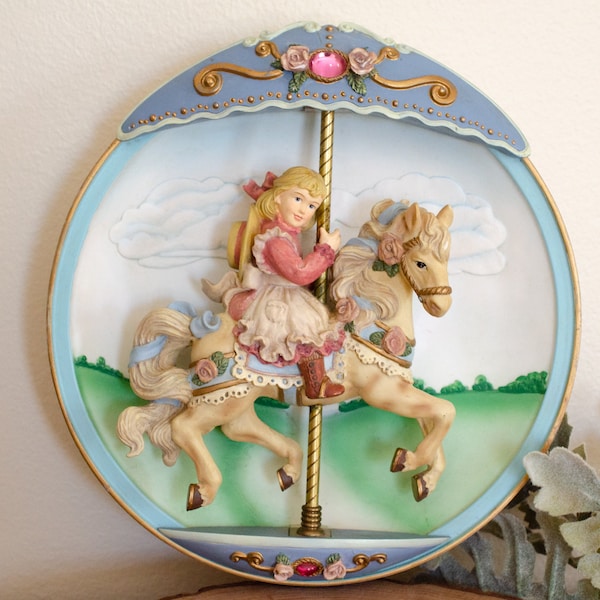 Vintage Carousel Musical Plate, Bradford Exchange 1994 animated musical Carousel Dreams “Swept Away”.