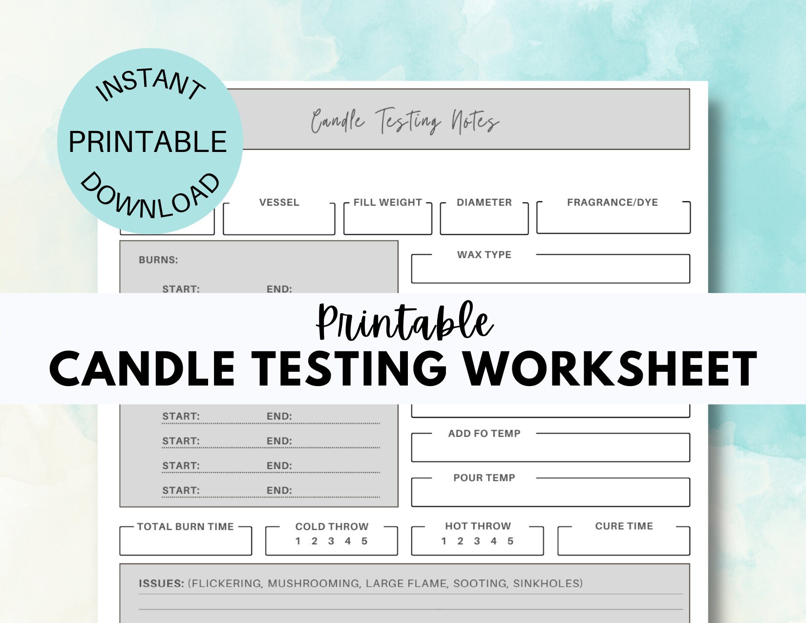 Candle Testing Worksheet Printable Candle Burn Test Sheet Etsy