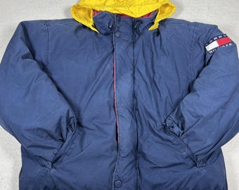 Chaqueta acolchada vintage Tommy Hilfiger para hombre, talla M, azul y amarilla, con capucha, años 90