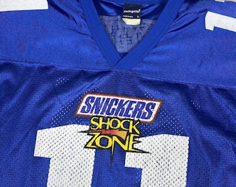 Vintage 1998 Snickers Shock Zone Jersey Mens L Swingster #11 USA Made Blue Mesh