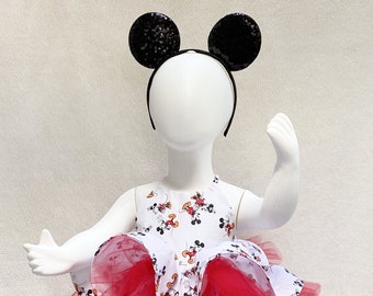 Babydoll Dress, Steamboat Willie tutu romper, Mouse birthday outfit, Baby tulle dress, Baby romper, Sequin costume ears headband