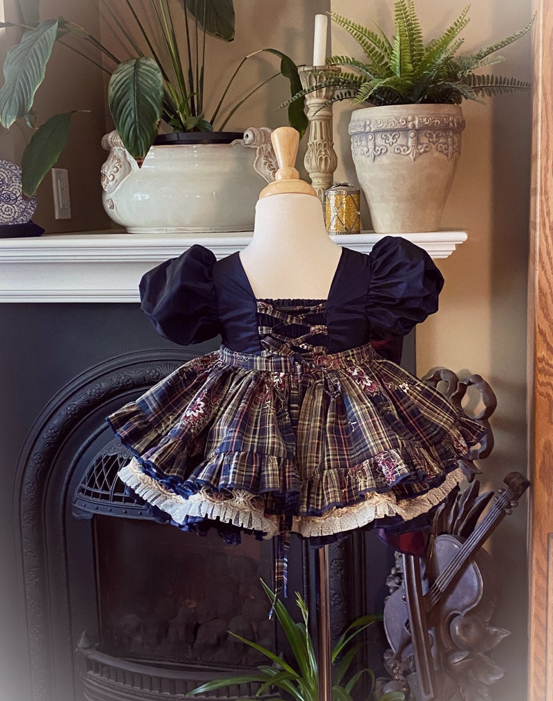 Baby girl Christmas dress, Puff sleeve dress, Girls Plaid dress, Thanksgiving Dress, Toddler Christmas dress, Embroidered Tulle Dress, image 3