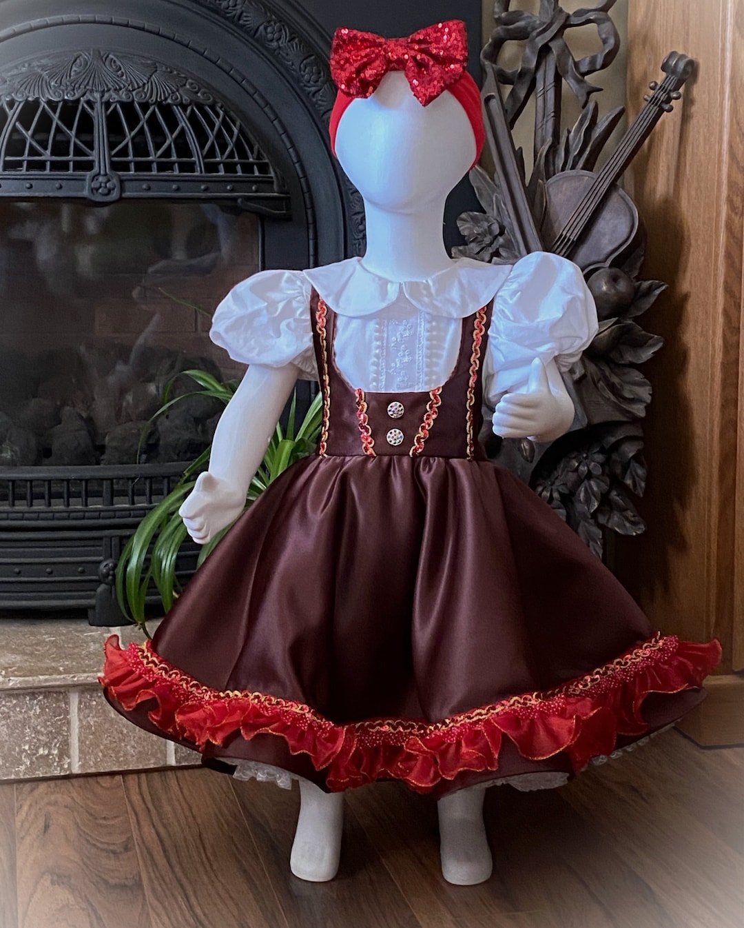 Girls Gingerbread Christmas Dress, Pinafore Dress With Puff Sleeve