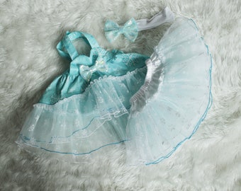 Robe chasuble reine des neiges, robe en tulle bébé, robe bleu glace,