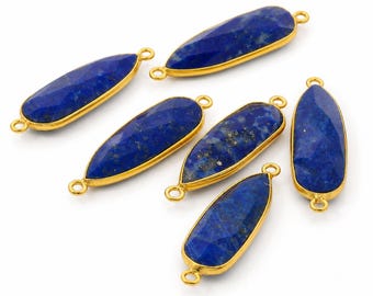 Natural Lapis Lazuli Pear Shape Bezel Connector Two Loops (8 × 26 mm) - 925 Sterling Silver and Gold Plated Silver - 1 pcs
